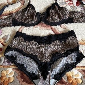 Barely Breezies Mesh Leopard Lace Trim Bra and Brief Set
